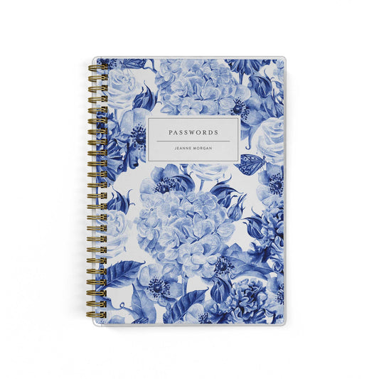 Our password keepers are the perfect little notebook for storing all of your logins, shown in a blue hydrangea toile print