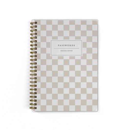 Our password keepers are the perfect little notebook for storing all of your logins, shown in a checkered design