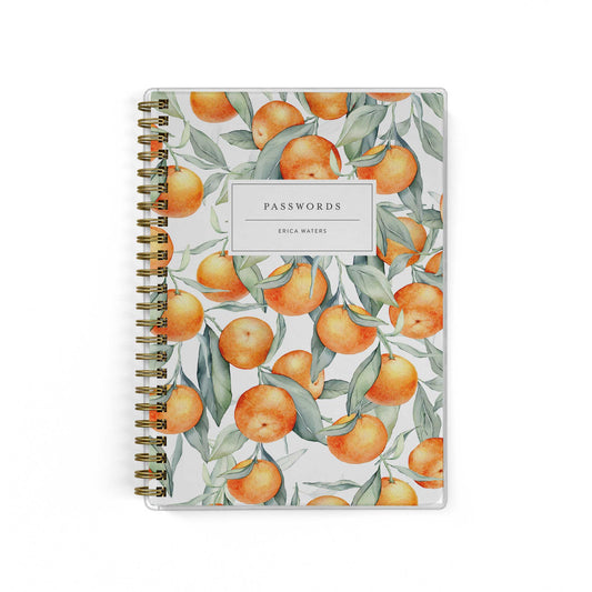 Our password keepers are the perfect little notebook for storing all of your logins, shown in a citrus orange grove design