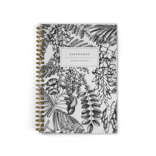 Our password keepers are the perfect little notebook for storing all of your logins, shown in a black and white ferns and foliage print