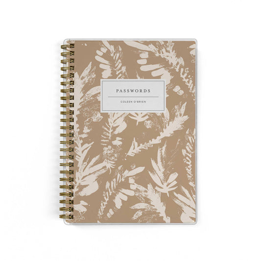 Our password keepers are the perfect little notebook for storing all of your logins, shown in a neutral boho leaf pattern