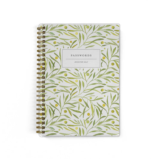 Our password keepers are the perfect little notebook for storing all of your logins, shown in a watercolor olive leaf print