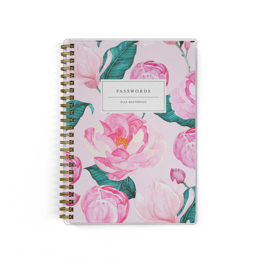 Our password keepers are the perfect little notebook for storing all of your logins, shown in a pink peony pattern