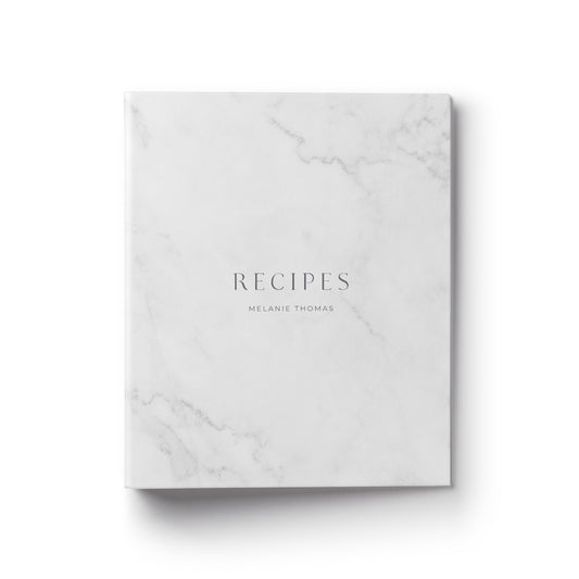 A modern custom recipe binder in a marble printmakes the perfect gift for any occasion