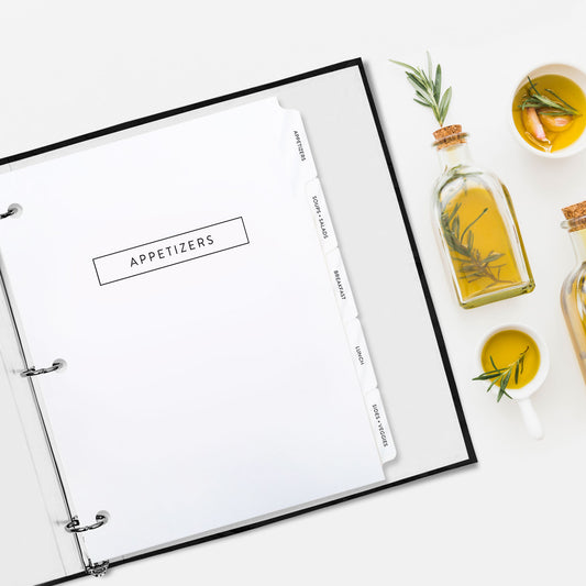 Index tab dividers with popular recipe categories for organizing a recipe binder