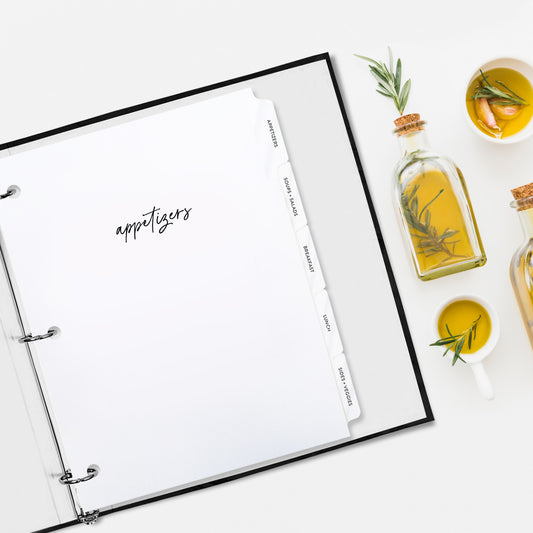Index tab dividers with popular recipe categories for organizing a recipe binder